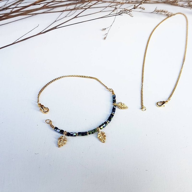 Black color crystal small maple leaf necklace _ bracelet activity dual-use design - สร้อยคอ - โลหะ สีดำ
