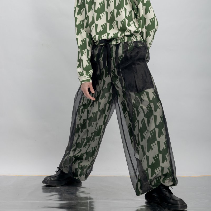 INF 雙層薄紗直筒印花寬褲 / 橄欖綠 - 女長褲 - 聚酯纖維 綠色