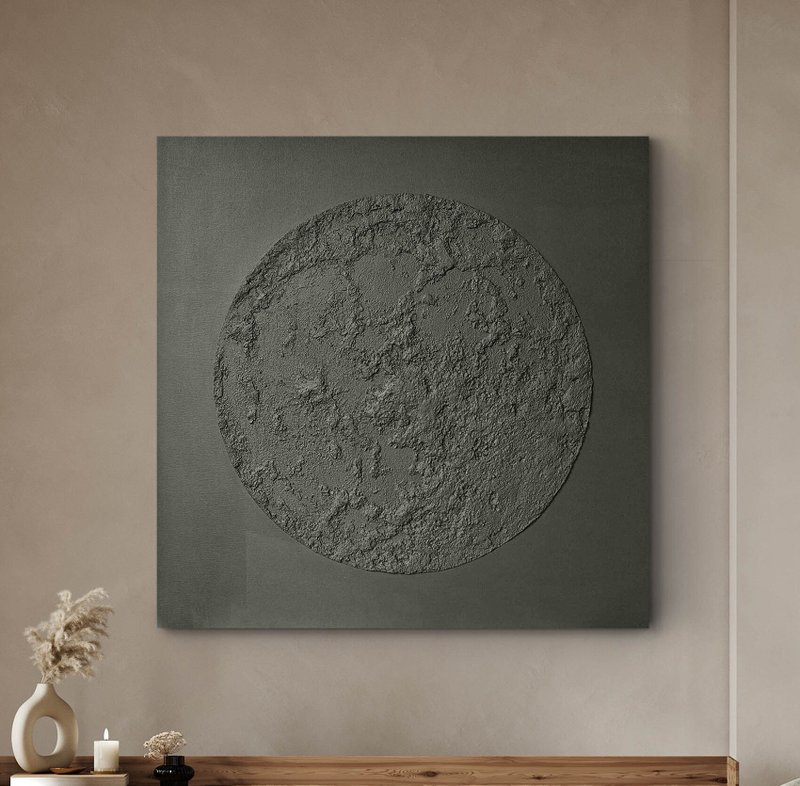Moon Painting on Canvas | Moon Painting on Acrylic in Gray | Gray Moon - 壁貼/牆壁裝飾 - 棉．麻 灰色