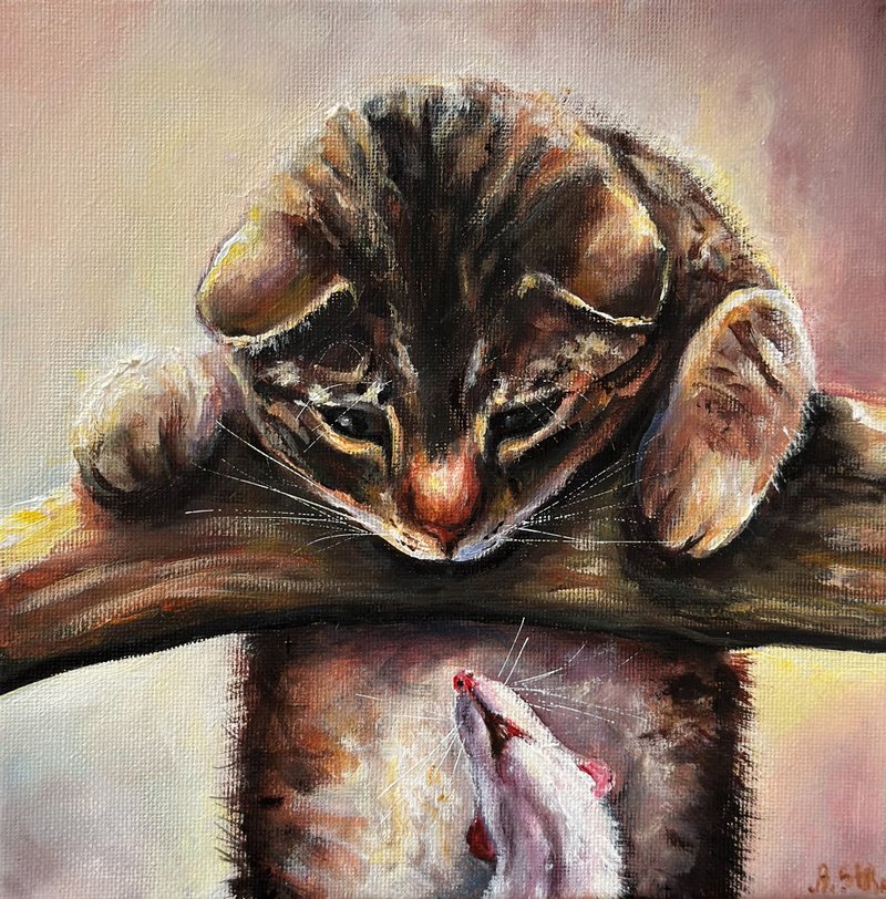 Tabby cat painting, Brown at wall art, Cute animals, Cat and mouse, Pet portrait - 壁貼/牆壁裝飾 - 棉．麻 咖啡色