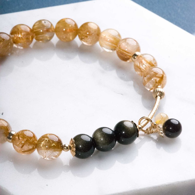 Golden Rutilated Quartz, Obsidian, 14K Gold Filled Natural Gemstone Crystal Brac - Bracelets - Crystal Yellow