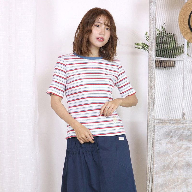 Hana Mokuba 清新撞色條紋針織T恤 - 女 T 恤 - 其他材質 