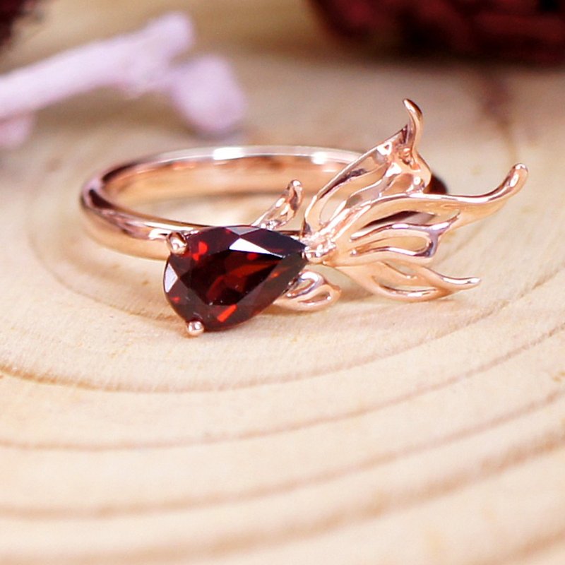 金魚 - 紅石榴石純銀電18K玫瑰金戒指 - 戒指 - 寶石 紅色