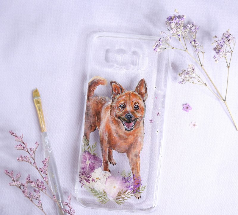 Tailor-made Hand-drawn Pet Pressed Flower Phone Case | Mixed Breed Dog - เคส/ซองมือถือ - พืช/ดอกไม้ สีม่วง