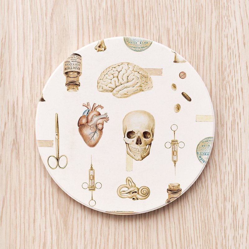 Retro medical equipment coaster/doctor nurse heart skull head stethoscope pill bone - Coasters - Pottery 