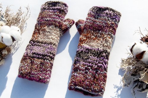 omhandmade 手織純羊毛針織手套/露趾手套/內刷毛手套/保暖手套-北歐漸層紫色