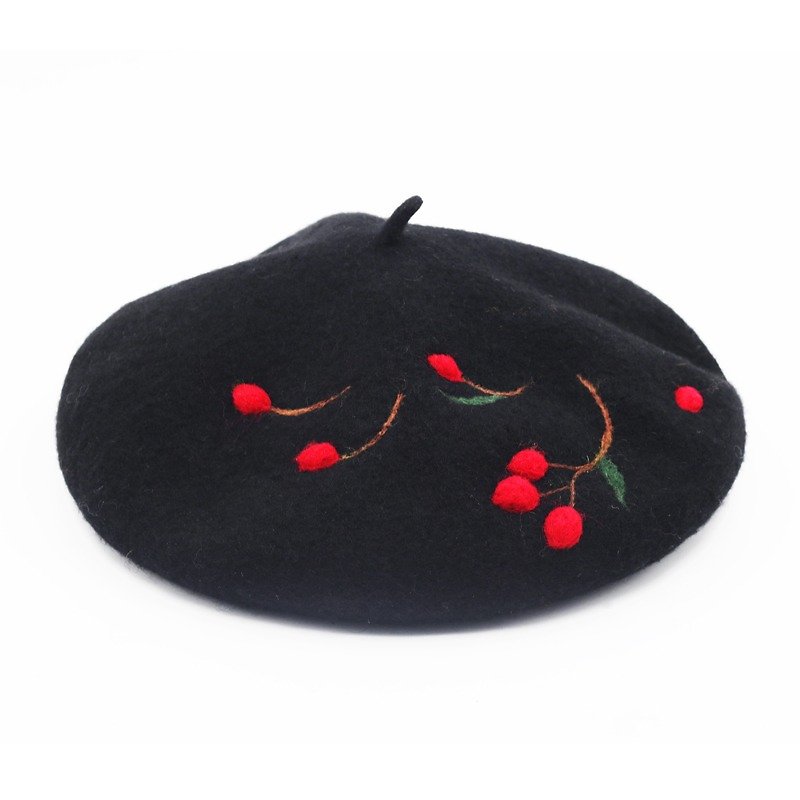 Ke Ren original handmade wool felt cherry beret female spring, autumn and winter wild student pastoral art painter hat - หมวก - ขนแกะ สีดำ
