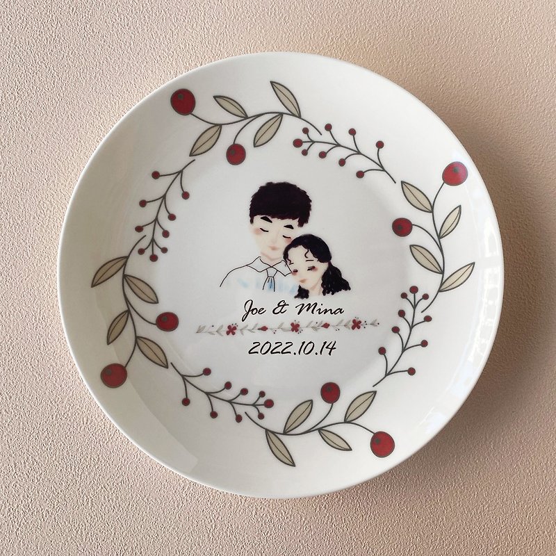 客製化-清新婚禮8吋骨瓷盤 一盤兩杯( 圖案固定) - 盤子/餐盤/盤架 - 瓷 