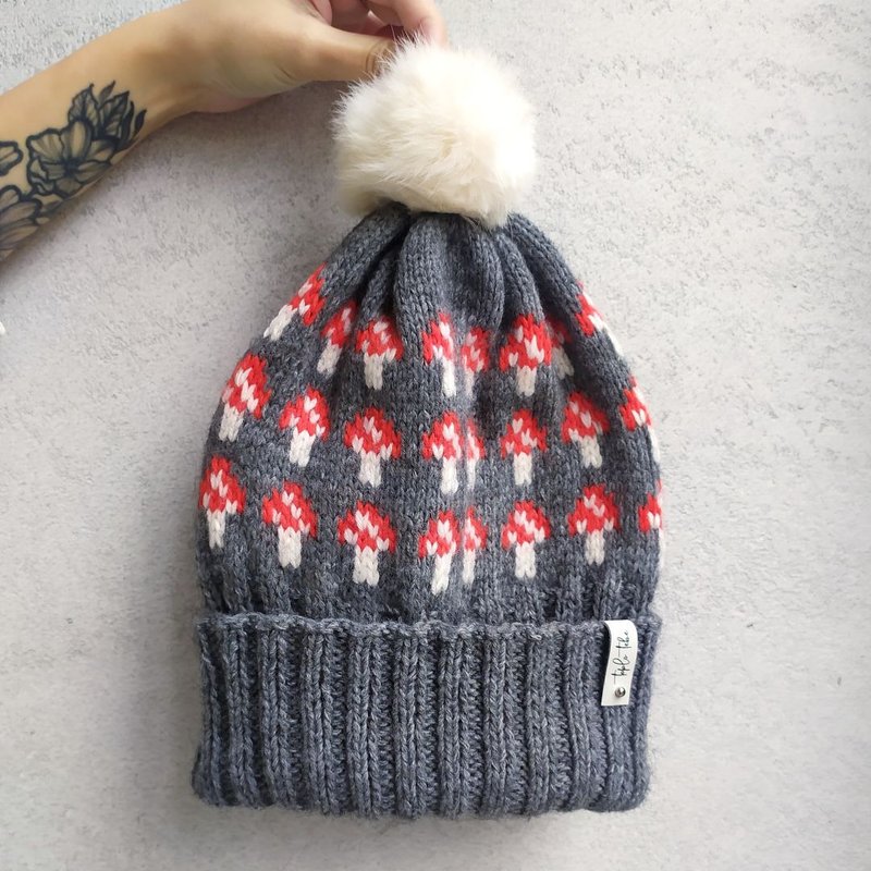 Grey jacquard warm hand-knitted hat | レディース帽子 - 帽子 - 羊毛 多色