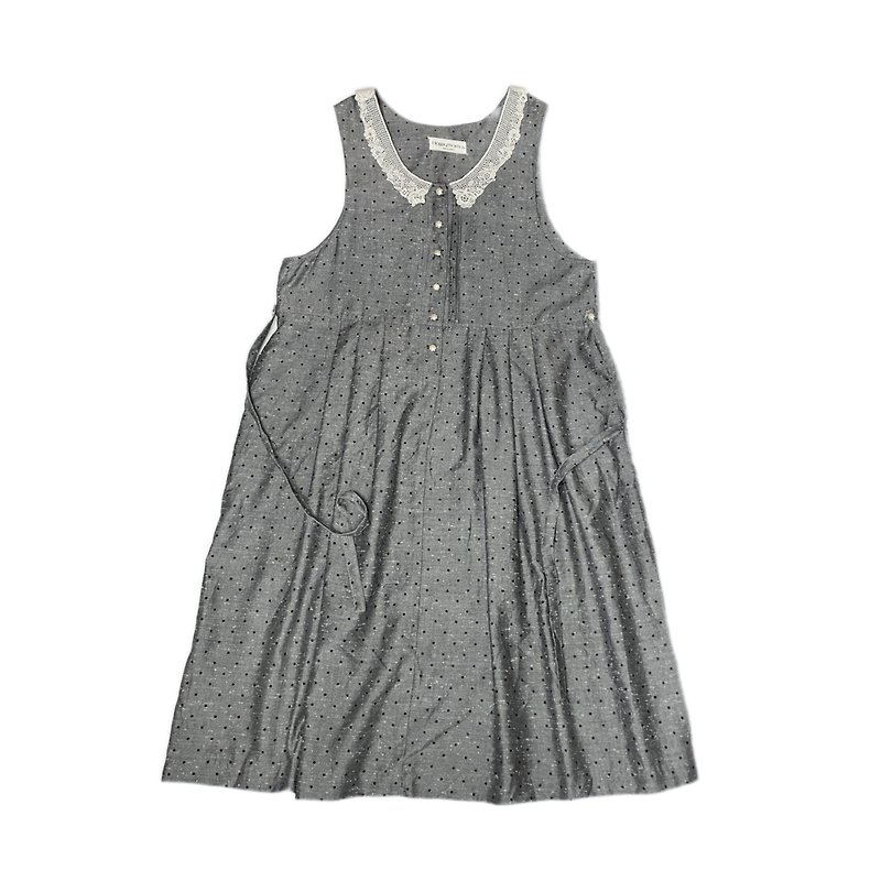 Vintage Japanese Lace Neck Black Dot Grey Sleeveless Dress - Men's Shirts - Other Materials Multicolor