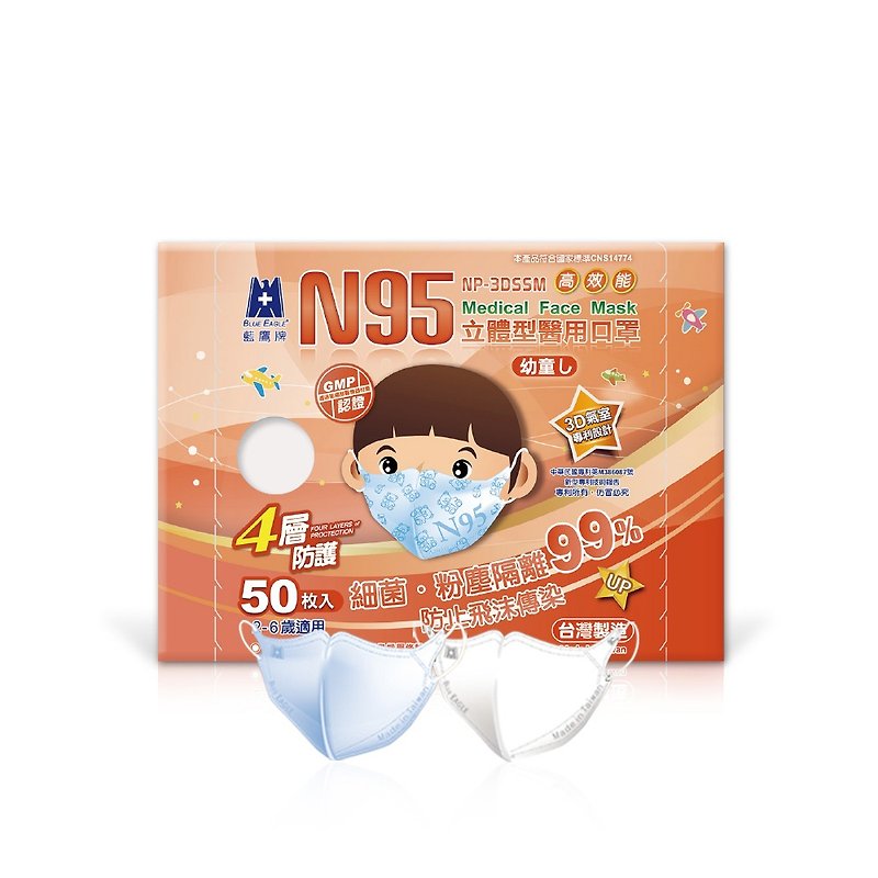 Blue Eagle N95 3D Kids Medical Face Mask (Ages 2-6) (blue/white) 50 pack - Face Masks - Other Materials Multicolor