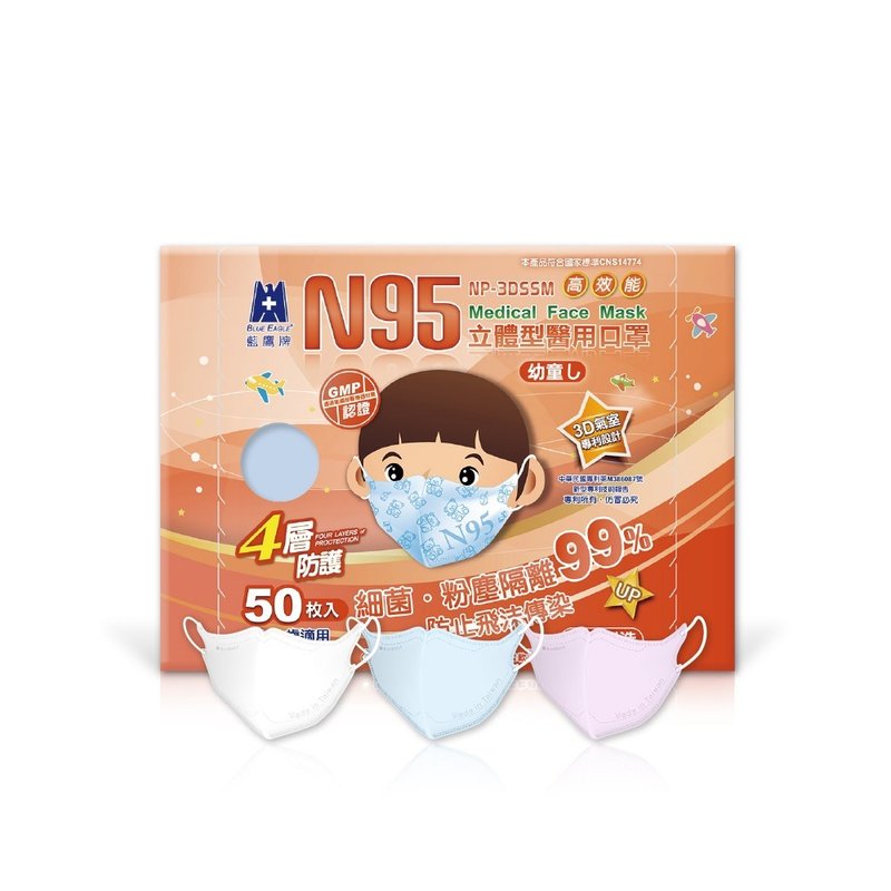 藍鷹牌 N95立體型2-6歲幼童醫用口罩 藍天-白雲-粉嫩 50片x1盒 - 口罩/口罩收納套 - 其他材質 藍色