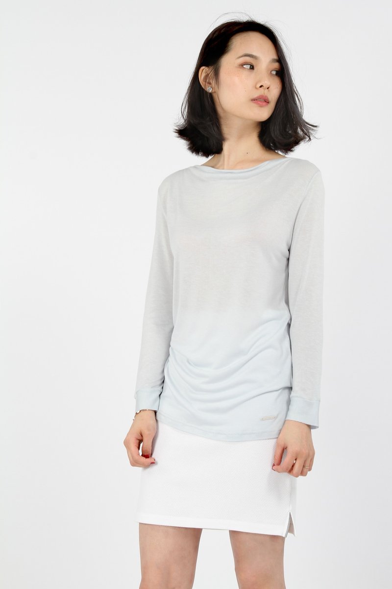 Draped Collar Patchwork Tencel Cotton Top-Light Blue - เสื้อผู้หญิง - ผ้าฝ้าย/ผ้าลินิน สีน้ำเงิน