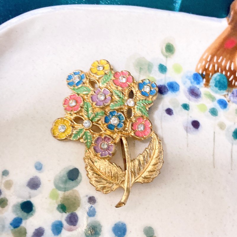 [Western Antique Jewelry] Filigree soft colorful flower leaves inlaid with rhinestone natural brooch brooch - Brooches - Precious Metals Multicolor