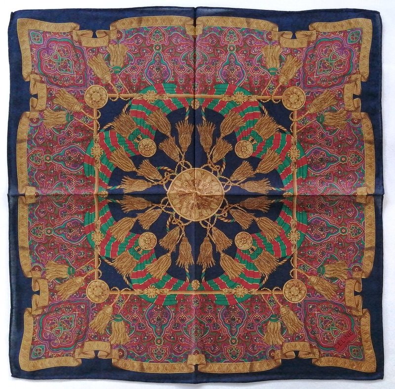 Celine Vintage Scarf - Handkerchief Luxury Tassel 20.5 x 20 inches - 絲巾 - 棉．麻 咖啡色