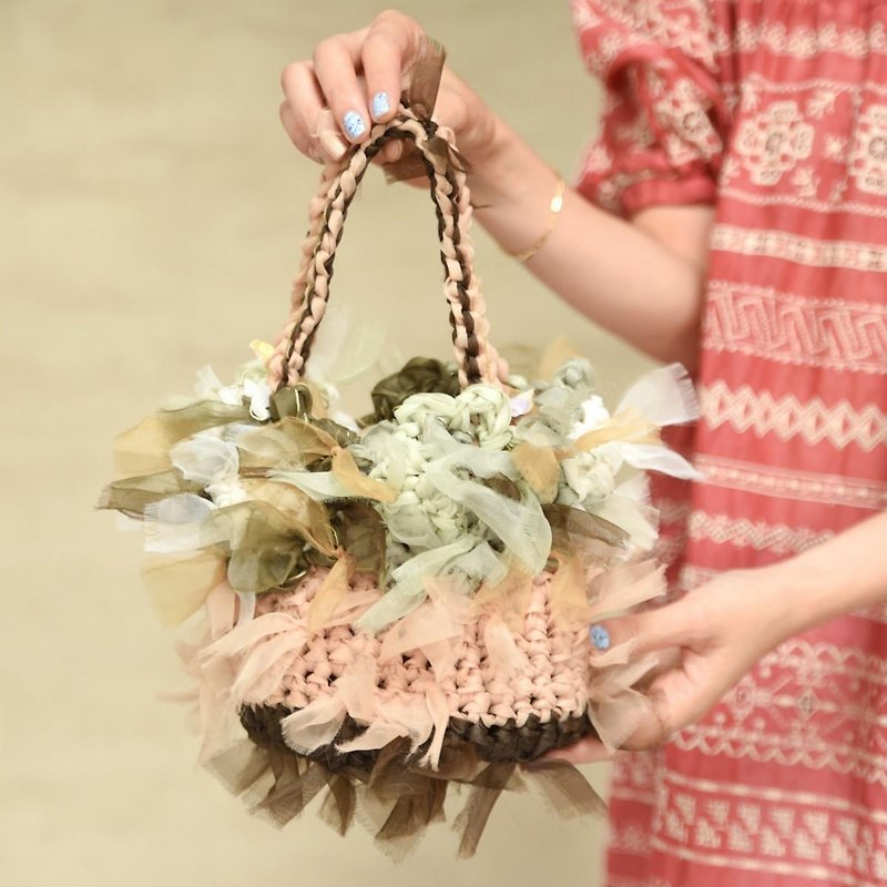 咲き編みフラワーバッグ||グリーンバスケット - トート・ハンドバッグ - その他の素材 グリーン