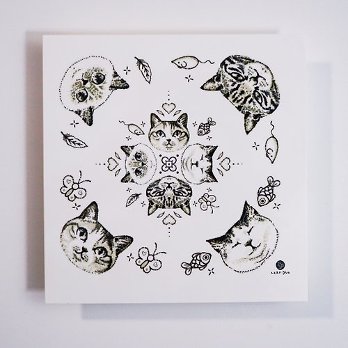 ╰ LAZY DUO TATTOO ╮ 旋轉貓咪曼陀羅紋身貼紙 貓奴 可愛貓家庭黑白刺青持久防水防敏感