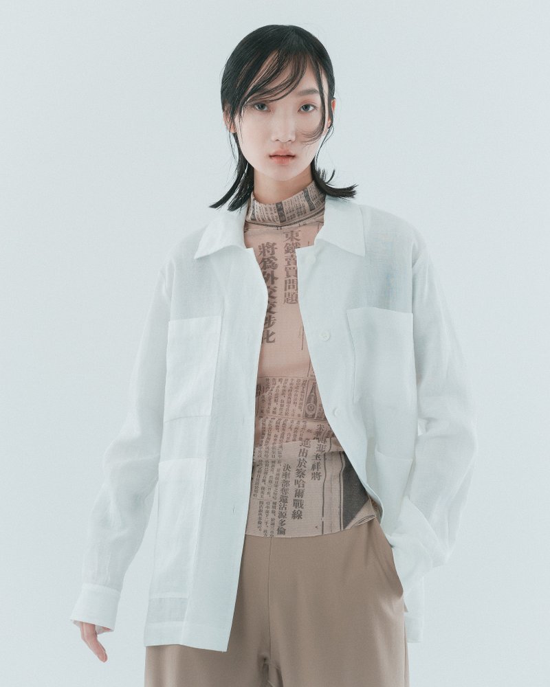 UUIN_White Linen double pocket jacket - เสื้อแจ็คเก็ต - ผ้าฝ้าย/ผ้าลินิน ขาว