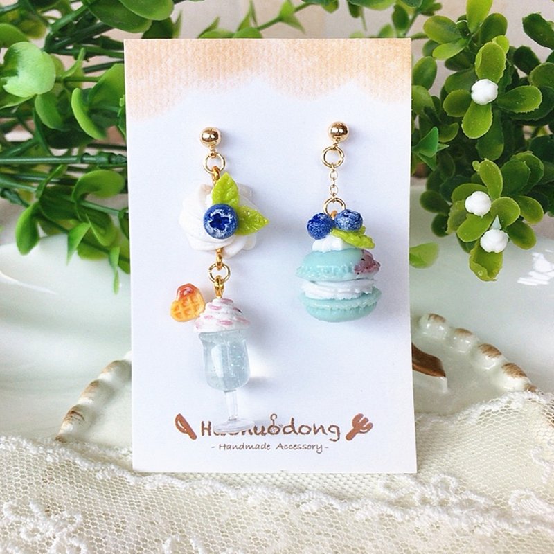 Original handmade sweet and cute blueberry macaron sparkling water Silver earrings ear clips girlfriends gift - Earrings & Clip-ons - Other Materials 