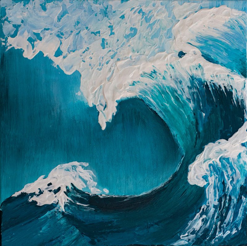 Wave, Abstract Art, Acrylic on Canvas, Blue Water, Sea Foam, Fluid Art - โปสเตอร์ - อะคริลิค สีน้ำเงิน