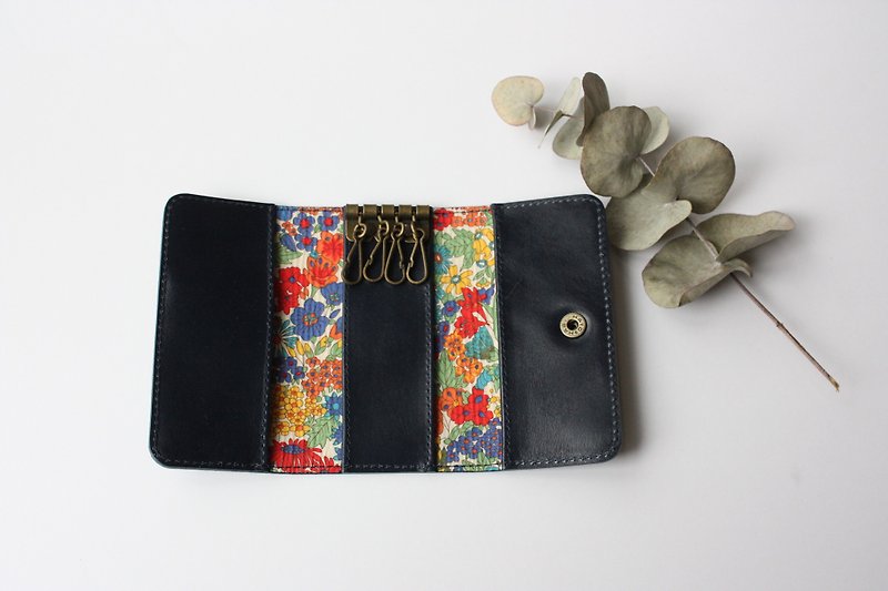 Genuine cow leather and Liberty print key case navy - Toiletry Bags & Pouches - Genuine Leather Blue