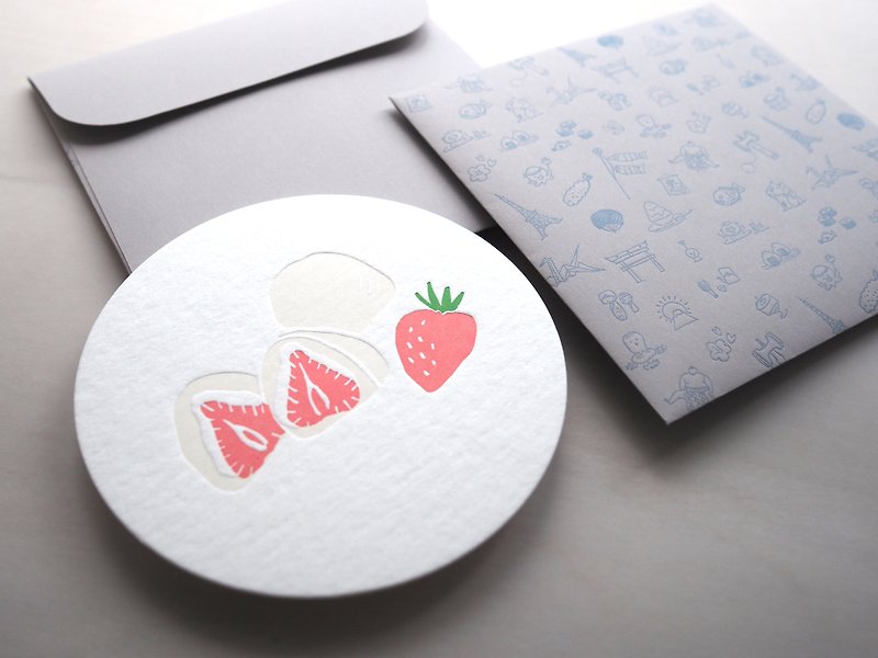Letterpress Food Notecard - Ichigo Daifuku - การ์ด/โปสการ์ด - กระดาษ สึชมพู