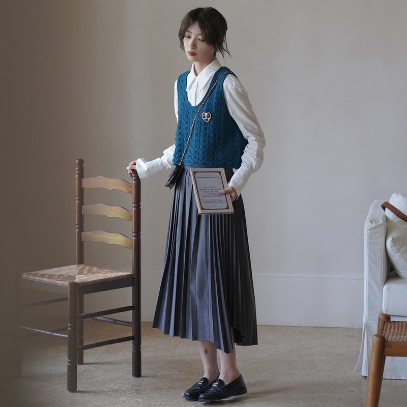 深灰色雙拼風琴褶高腰半身裙|裙子|夏秋款|Sora-1014 - 裙子/長裙 - 聚酯纖維 灰色