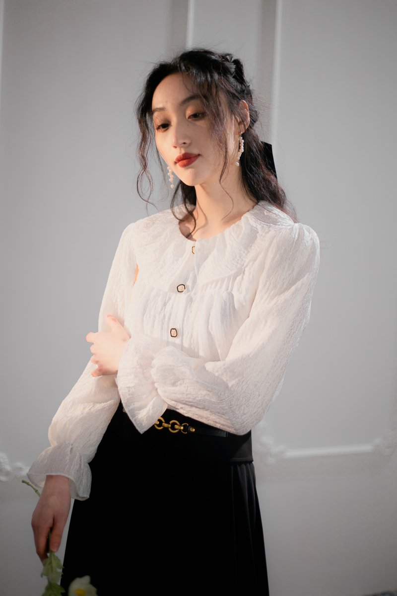 透氣寬松荷葉邊白色襯衫長袖上衣 黑色半裙洋裝 秋季穿搭 - 女襯衫 - 聚酯纖維 白色