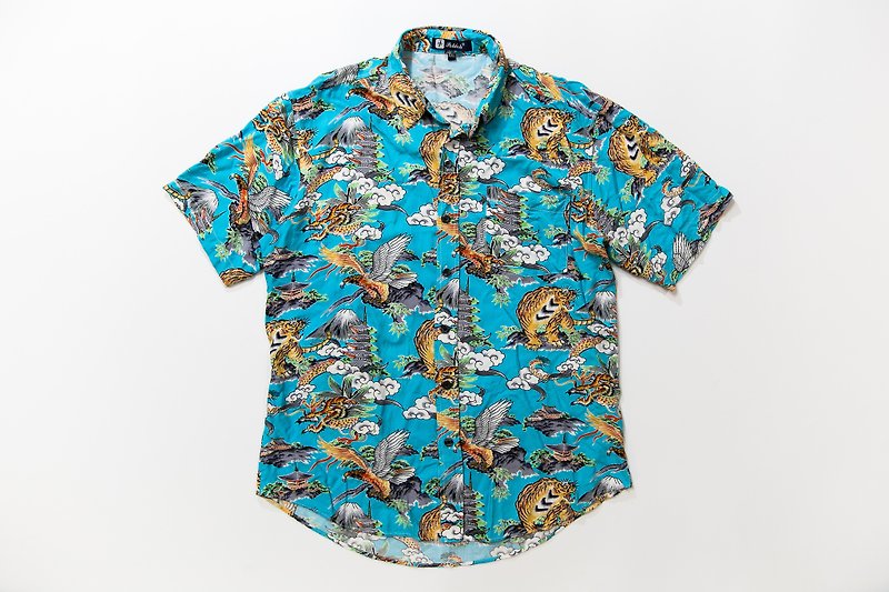 Japanese-style wind shirt with tiger handle vintage - เสื้อเชิ้ตผู้ชาย - ผ้าไหม สีน้ำเงิน