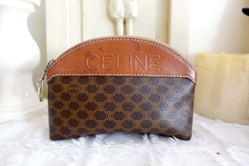 Old French luxury brand CELINE embossed leather with PU pattern coin purse hand grip - กระเป๋าใส่เหรียญ - โลหะ สีนำ้ตาล
