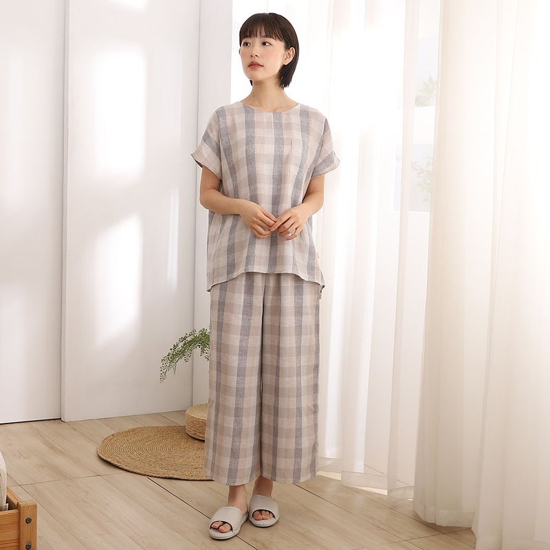 自然系棉麻格紋套裝-共2色 - 睡衣/居家服 - 棉．麻 多色
