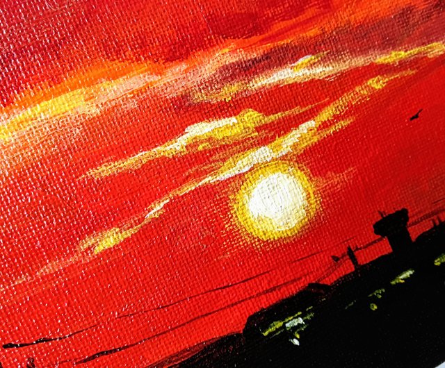 赤い夕日の絵画風景オリジナルアート米国テキサスダラスキャンバス8 x