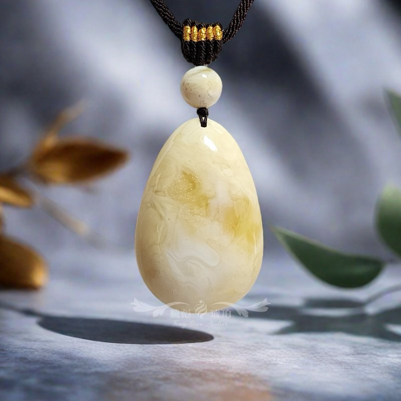 騰彪琥珀 天然白花蜜蠟 白蠟螢光紋 水滴掛件 收藏正規型 項鍊墜 - 項鍊 - 半寶石 白色