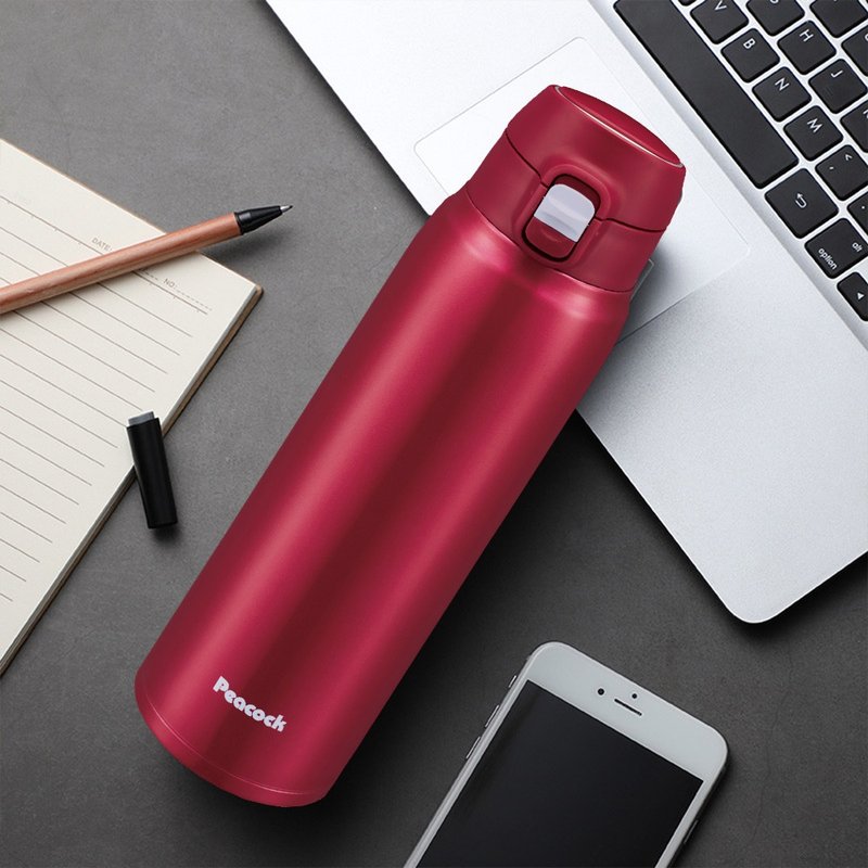 [Peacock] 700ML insulated cup/insulated cup with locking pop-up lid for direct drinking - burgundy red - กระบอกน้ำร้อน - สแตนเลส สีแดง