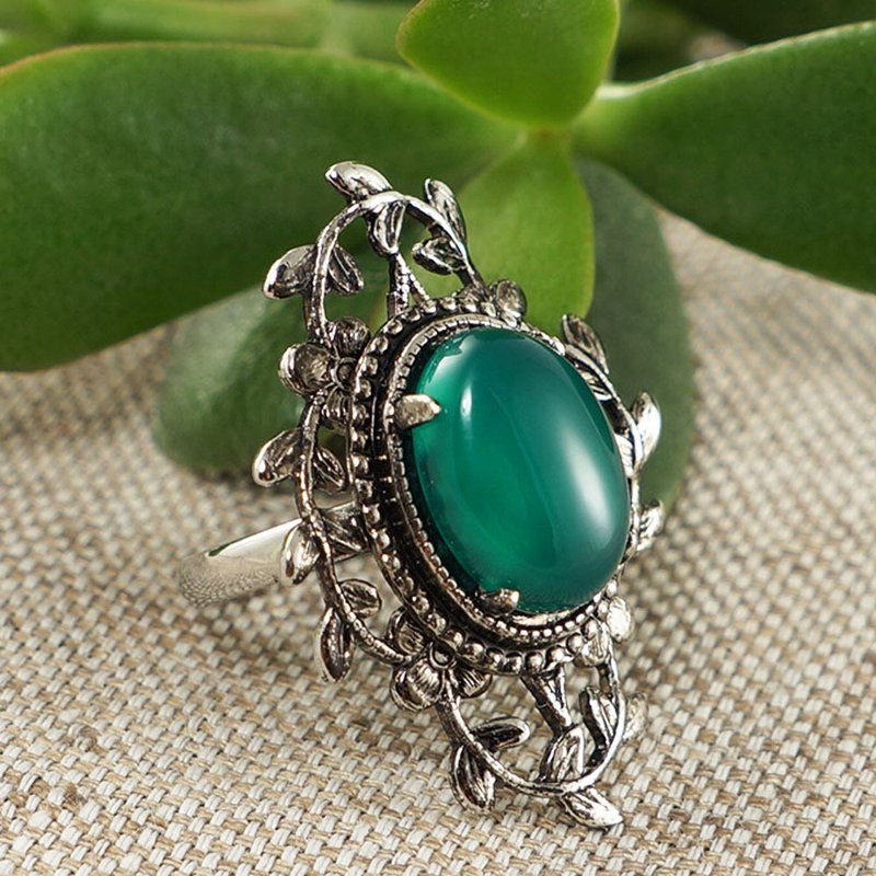 Green Agate Adjustable Ring Large Boho Silver Leaf Branch Statement Ring Jewelry - 戒指 - 半寶石 綠色