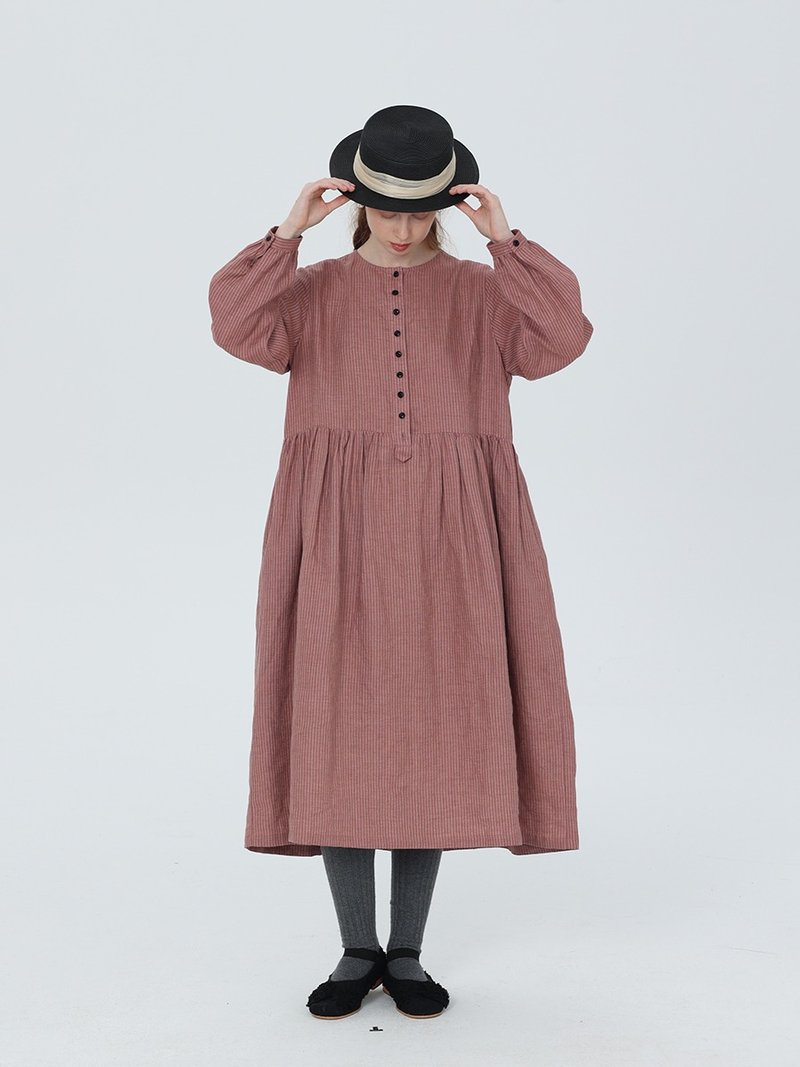 Pink, beige and gray striped linen long-sleeved retro white dress - ชุดเดรส - ผ้าฝ้าย/ผ้าลินิน สึชมพู