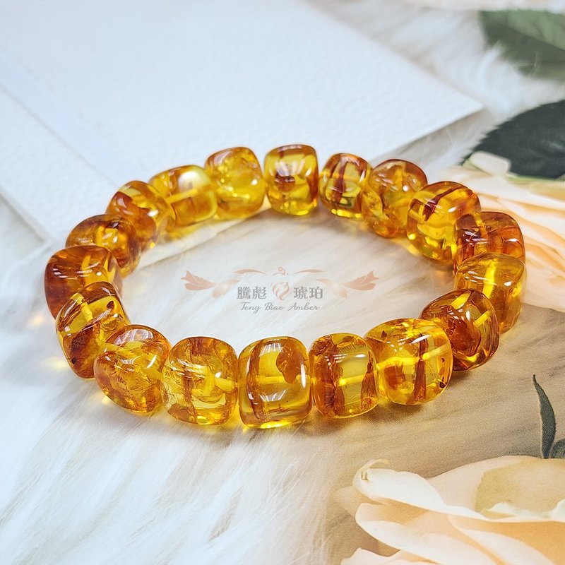 Tengbiao amber natural amber Wax red flower amber single circle bead cute candy-shaped bracelet - Bracelets - Gemstone Orange