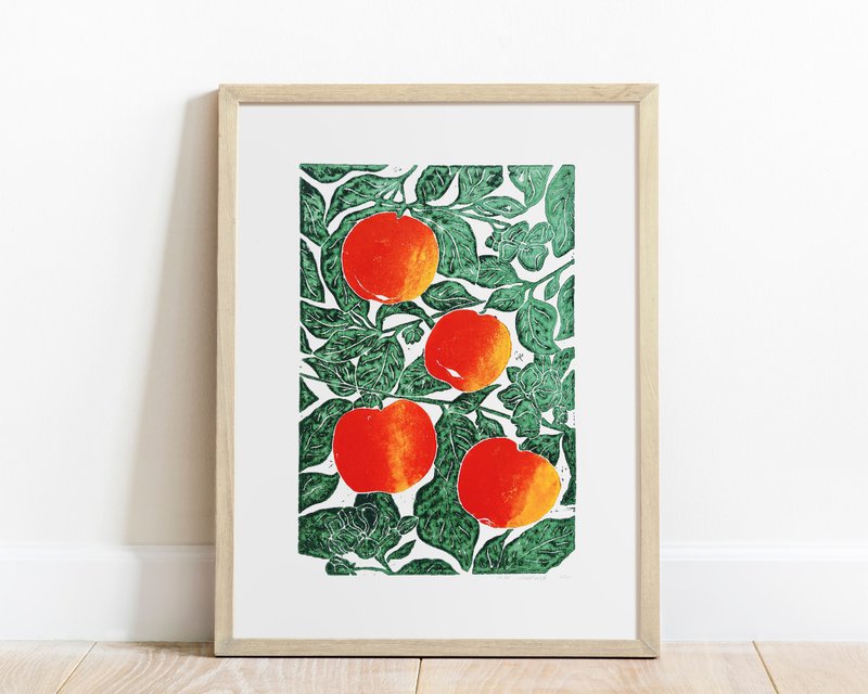 Botanical Linocut Print Apples Fruit Original Artwork Modern Kitchen Wall Decor - 壁貼/牆壁裝飾 - 紙 綠色