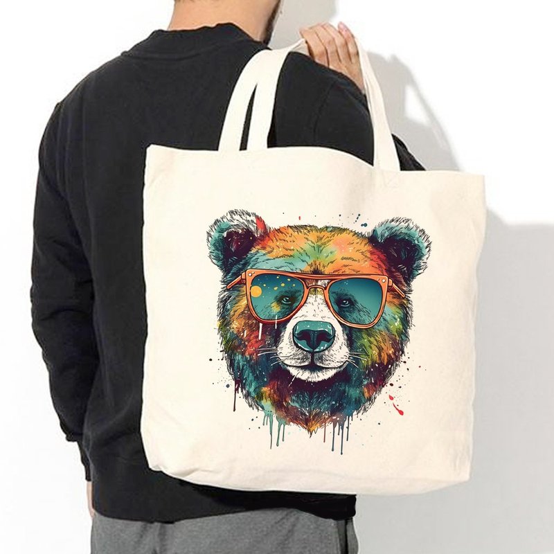 Watercolor Bear 帆布環保大購物袋 米白 帆布袋快速出貨熊穿搭 - 側背包/斜背包 - 其他材質 白色