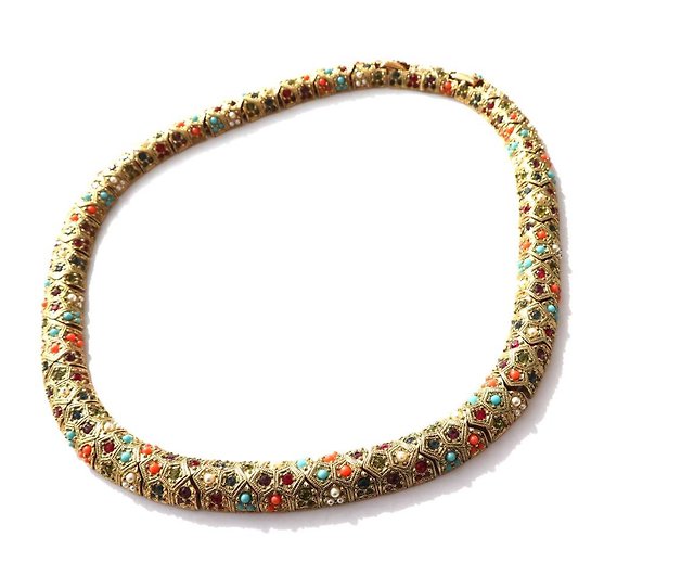 ★80s vintage gold rhinestone glass beads colorful necklace