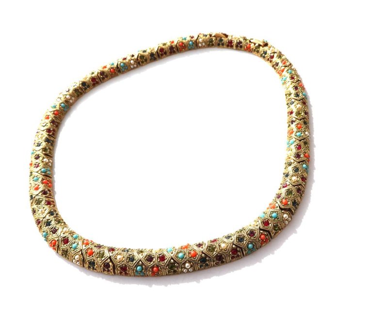 80s vintage gold rhinestone glass beads colorful necklace - ネックレス - 金属 ゴールド