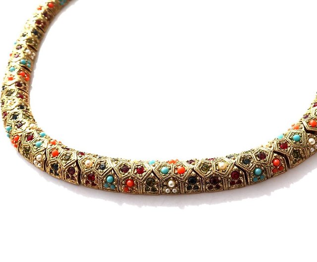 ★80s vintage gold rhinestone glass beads colorful necklace