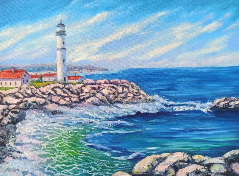 Lighthouse Oil Painting on Stretched Canvas 30x40cm Seascape Original Artwork - Wall Décor - Other Materials Multicolor