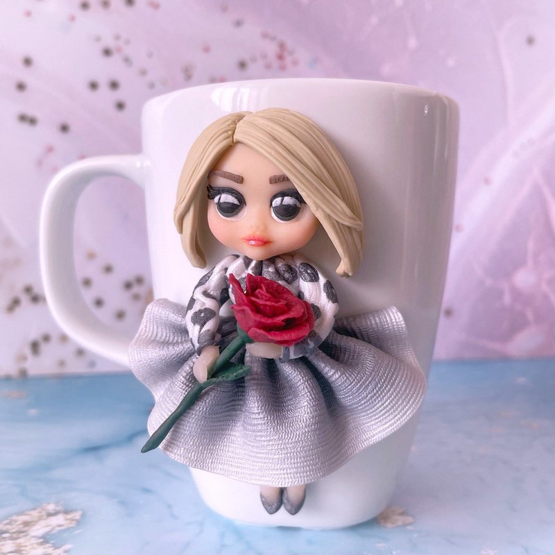 Female friend gift custom mug. Doll figurine with a rose from polymer clay. - Mugs - Clay Red