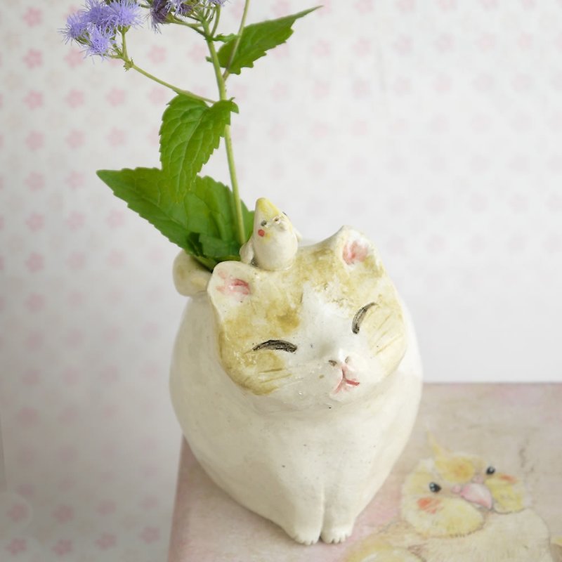 陶器の子猫の一輪さし - 植物/盆栽/盆景 - 陶 白色