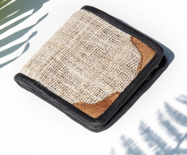 Linen and linen wallet braided leather short clip short wallet