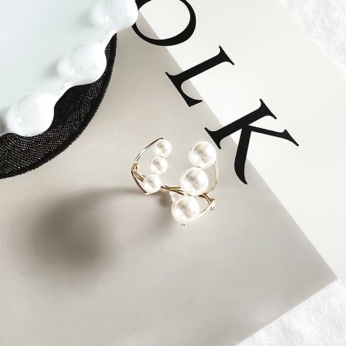 stella-jewelry K14gf Swarovski Pearl White Triplet Fork Ring【gift box】