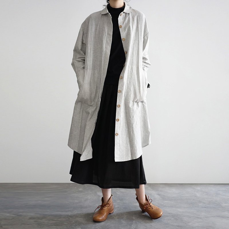 Flowy Trench Coat - gy - 女西裝外套 - 棉．麻 銀色