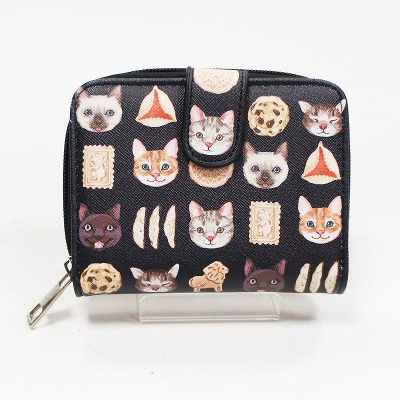 Cat VS Cookie Childish Cross Pattern Short Clips/Wallet Low-key Black – Ai Shili - กระเป๋าสตางค์ - หนังเทียม สีดำ