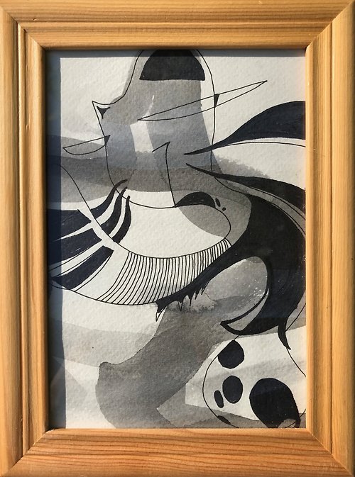 竹仙 X 竹土石山 貓的抽象畫\手繪 藝術 作品 插畫 限量 框 裝飾 貓 黑白 三件組